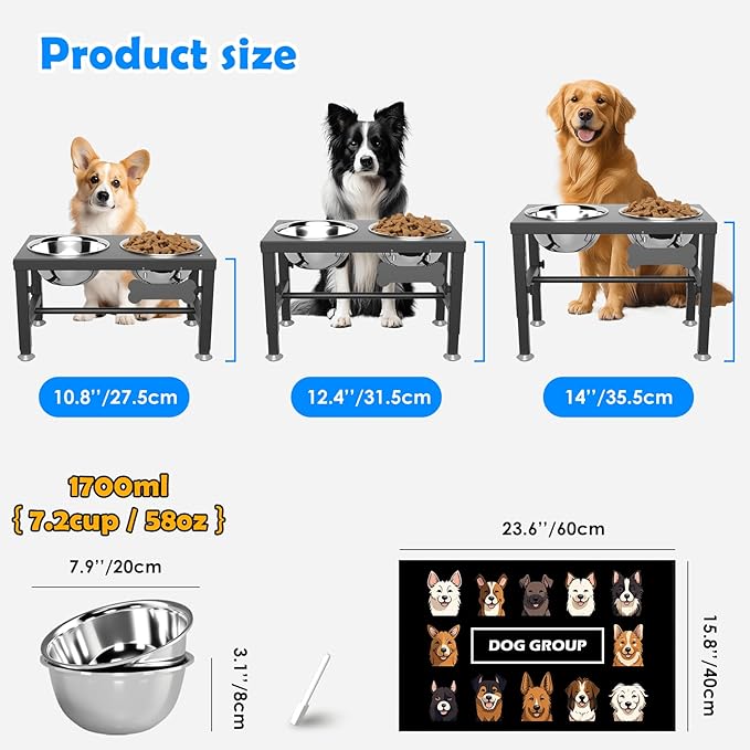 SHAINFUN Elevated Dog Bowls with Mat for Medium Large Dogs, Raised Dog Bowl Stand with 2 Stainless Steel 58oz Bowls, Tall Dogs Food Water Bowl Holder