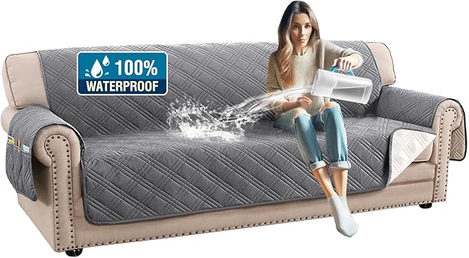 H.VERSAILTEX 100% Waterproof Sofa Covers for 3 Cushion Couch Modern Sofa Cover for Dogs XL Couch Covers for Oversized Sofa with Elastic Straps (Oversized Sofa, Grey/Beige)