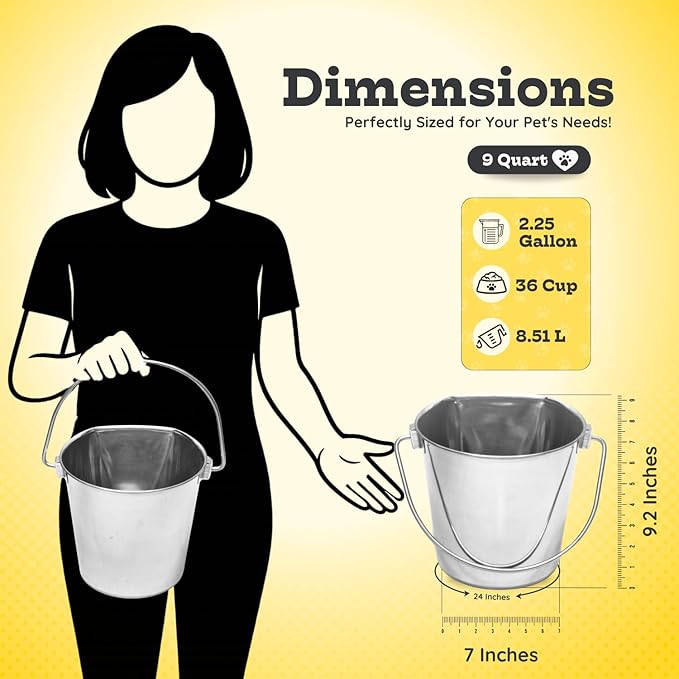 AASPIRE PETS 9 quart Stainless Steel Flat Side Bucket | 2.25 gal Durable Heavy Duty Food & Water Feeding Pails for Dog Goat Sheep horse | Fits kennel Cage Critter Crate Hanging Pet Pail | Multipurpose