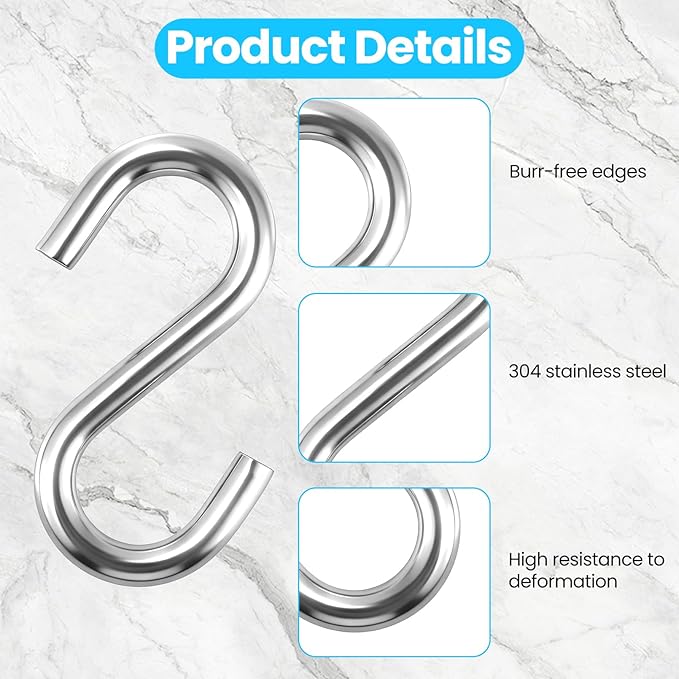 6 Pack Heavy Duty S Hooks, 3.2 Inch 304 Stainless Steel S Hook, s Shaped Hook, Grade Quality Utility Hooks for Hanging Hammock Stand, Swing, Plants