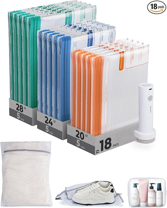 BAGSMART Vacuum Storage Bags for Travel with Rechargeable Air Pump, 18 Pack Portable Space Saver Bags for Travel & Home, Vacuum Compression Seal Bag for Clothing, Blanket, Duvets