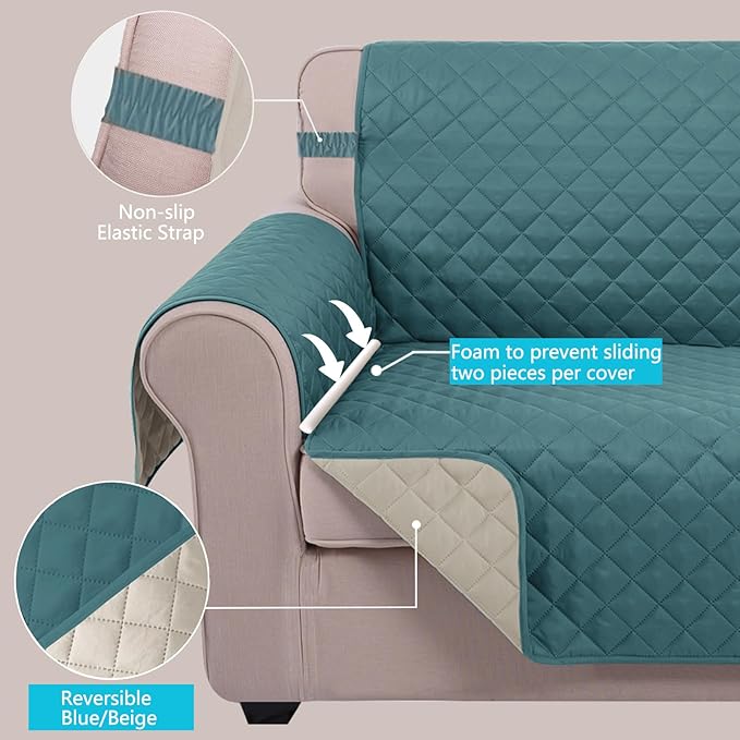 U-NICE HOME Loveseat Sofa Cover Reversible Couch Cover for Dogs with Elastic Straps Water Resistant Furniture Protector for Pets Couch Cover for 2 Cushion Couch (Loveseat, Blue/Beige)