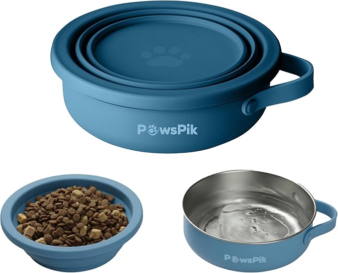 PawsPik 2-in-1 Travel Dog & Cat Bowl – Collapsible BPA-Free Silicone & 18/8 Stainless Steel, Portable & Non-Slip with Handle, Easy to Clean, Food & Water Bowl for On-the-Go Pets (Midnight Summit Blue)