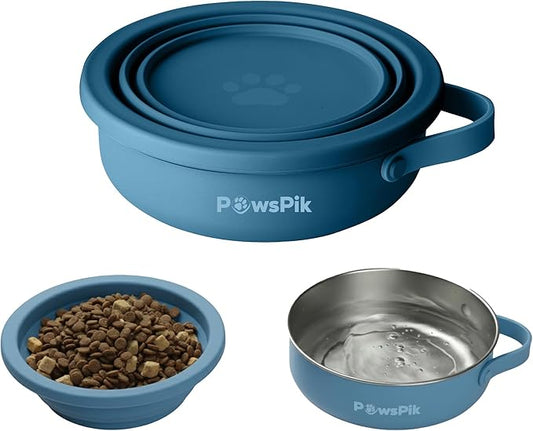 PawsPik 2-in-1 Travel Dog & Cat Bowl – Collapsible BPA-Free Silicone & 18/8 Stainless Steel, Portable & Non-Slip with Handle, Easy to Clean, Food & Water Bowl for On-the-Go Pets (Midnight Summit Blue)