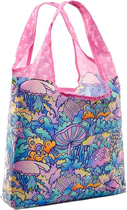 O-WITZ Reusable Grocery Bags | Vibrant Tote Bag For Groceries, Gym, Toys & More | Washable Design With Large Handles For Maximum Convenience | Folds Into A Small Pouch, Psychedelic Mushroom