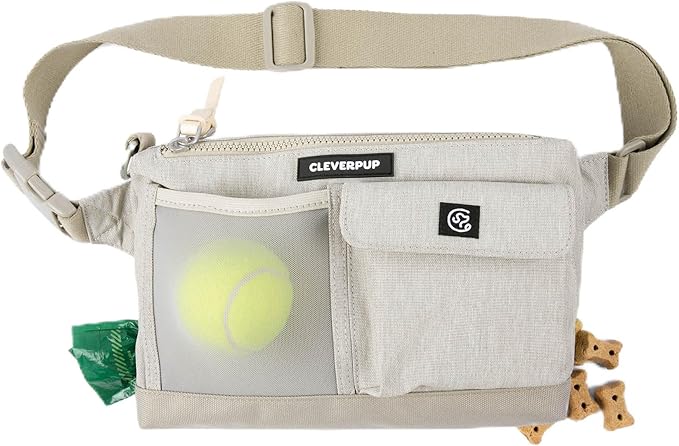 Cleverpup, Dog Walk & Train Sling Bag - Hands-Free 2-In-1 Treat Pouch, Poop Bag Holder, Clicker, Phone Pocket - Crossbody/Fanny Pack, Adjustable Strap - Sand
