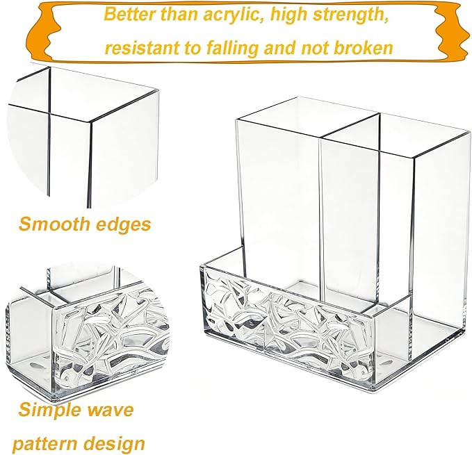 Clear PET Pen Holder, 3 Compartment Desk Organizer, Shatter-Resistant, Stronger Than Acrylic, for Office Home School Bathroom Makeup