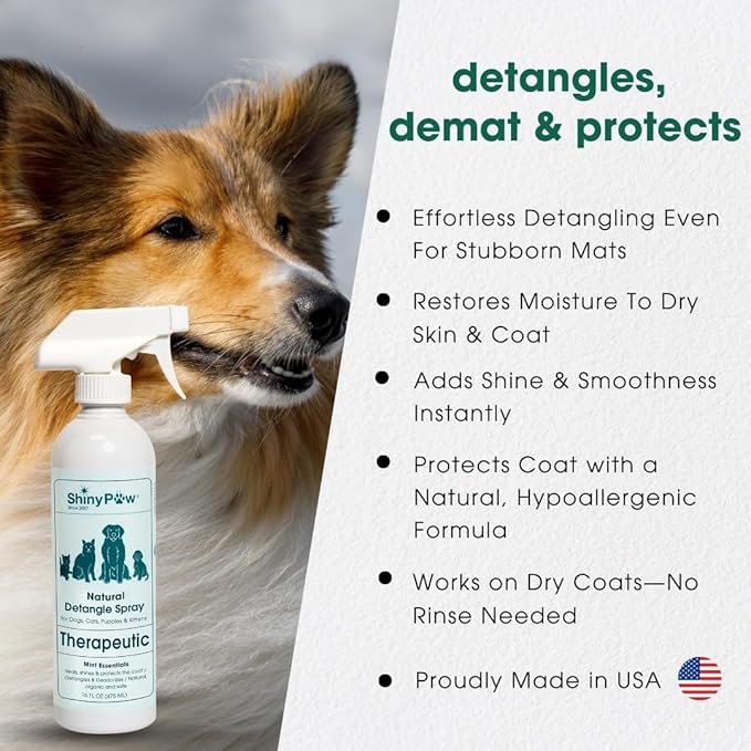 Pet Detangler Spray for Dogs & Cats 16 oz by Shiny Paw | Mint Essentials Detangler Spray | Hypoallergenic Dogs Detangler | Shines & Restores Coat | Made in The USA