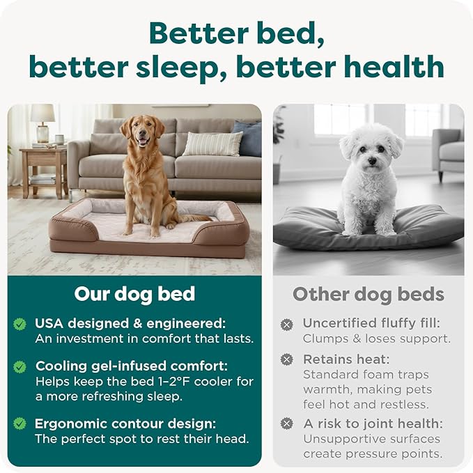 Furhaven Cooling Gel Dog Bed for Large Dogs w/ Removable Bolsters & Washable Cover, For Dogs Up to 95 lbs - Plush & Velvet Waves Perfect Comfort Sofa - Brownstone, Jumbo/XL