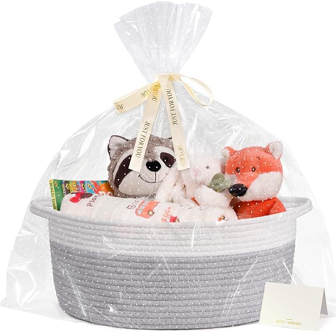 CHICVITA Gift Basket Empty to Fill, Woven Baskets for Storage, Rope Decorative Baskets with Gift Bags & Ribbon for Baby Girl, Dog Toy Storage, 13.6"x 10" x 6", Grey