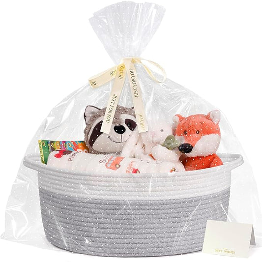 CHICVITA Gift Basket Empty to Fill, Woven Baskets for Storage, Rope Decorative Baskets with Gift Bags & Ribbon for Baby Girl, Dog Toy Storage, 13.6"x 10" x 6", Grey