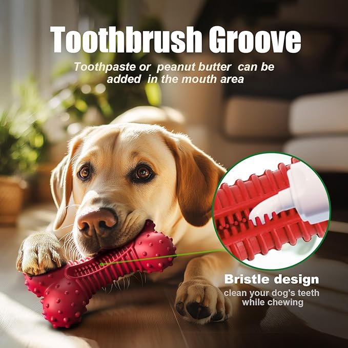Ouilter Dog Toys for Aggressive Chewers, Dog Chew Toys for Medium Large Dogs, Durable Natural Rubber Dog Toys with Bacon Flavor, Indestructible Dog Toy, Red