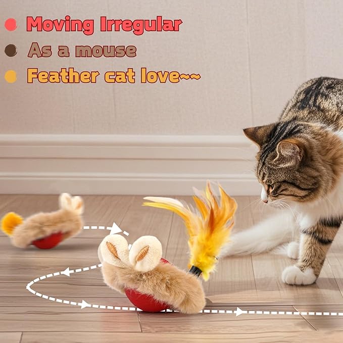 Cat Interactive Ball Toy with Feather, The Upgrade Agile Moving Cats Ball, Touching Automatic Moving for Bored Indoor Adult, 3-in-1 Pet Toy for Indoor