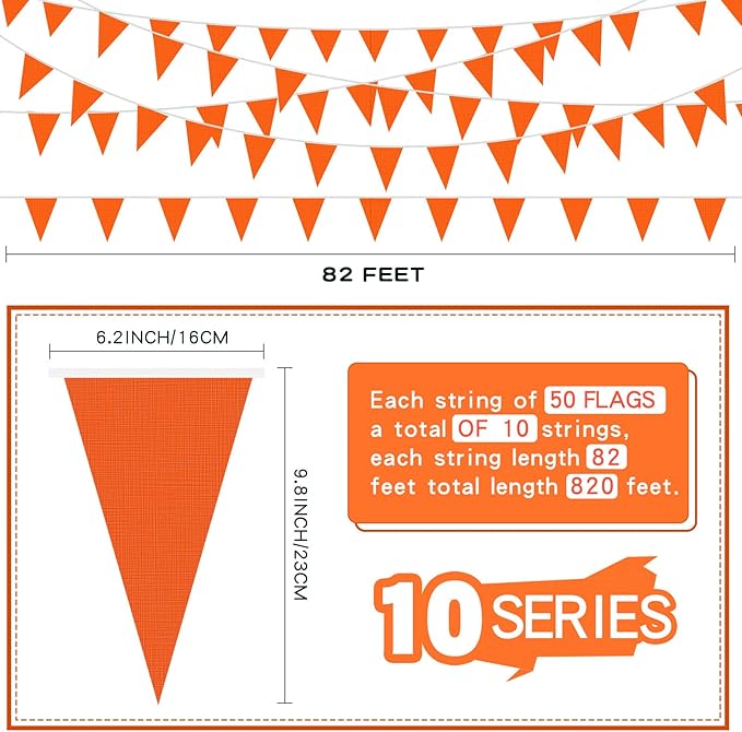 Tatuo 820 ft 500 Pcs Pennant Banner Flag String Hanging Triangle Bunting Flag for Carnival Party Outdoor Events Birthday Classroom Decoration(Orange)