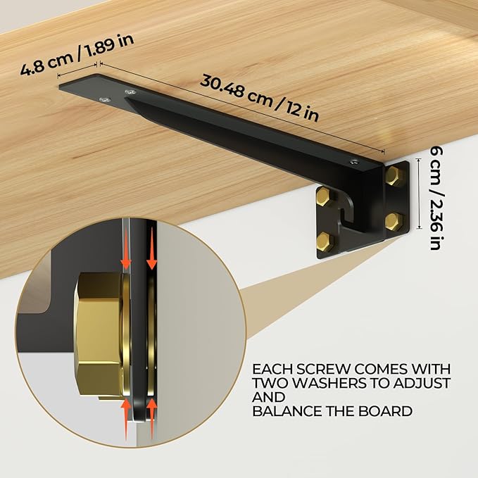 Heavy Duty Shelf Brackets 12 Inch, 1500 lbs Capacity, Hooks for Wall Mounted Shelves, L-Shaped Floating Shelf Brackets with Hanging (Black 2 Pack)