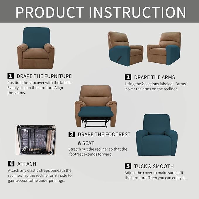 Easy-Going 4 Pieces Oversized Recliner Stretch Sofa Slipcover Sofa Cover Furniture Protector Couch Soft with Elastic Bottom Polyester Spandex Jacquard Fabric Small Checks DeepTeal,X-Large