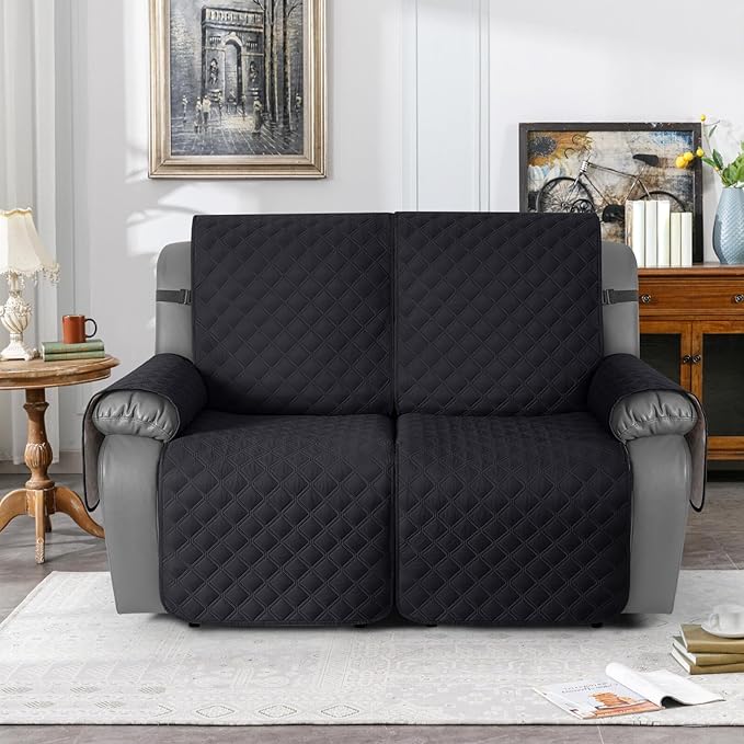 TAOCOCO 100% Waterproof Recliner Couch Covers, Recliner Sofa Covers with Leg Straps, 1-Piece Washable Reclining Sofa Cover with Pocket Couch Protector for Pets Kids(2 Seater, Black)