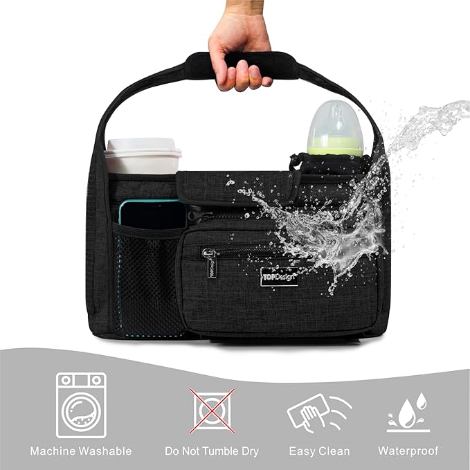 TOPDesign Universal Baby Stroller Organizer, Stroller Caddy with Detachable Mesh Bag & Heightened Insulated Cup Holders & Non-Slip Secure Hooks Accessories, Fits Most Strollers (Cars)