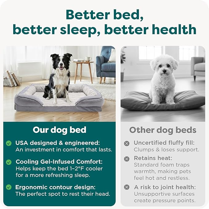 Furhaven Cooling Gel Dog Bed for Large/Medium Dogs w/ Removable Bolsters & Washable Cover, For Dogs Up to 55 lbs - Plush & Velvet Waves Perfect Comfort Sofa - Granite Gray, Large