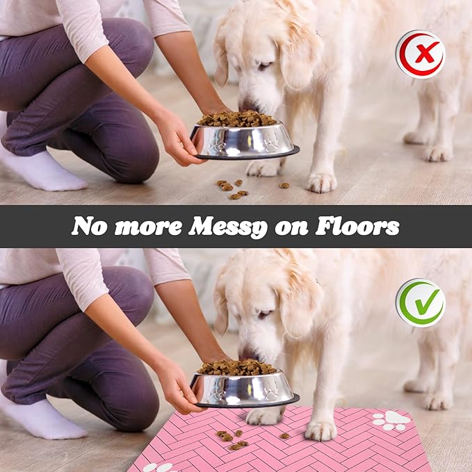 Dog Food Mats,Cat Absorbent Water Bowl Feeding Mats Pet Placemats for Food and Water Pink Wood 16 * 24 inch