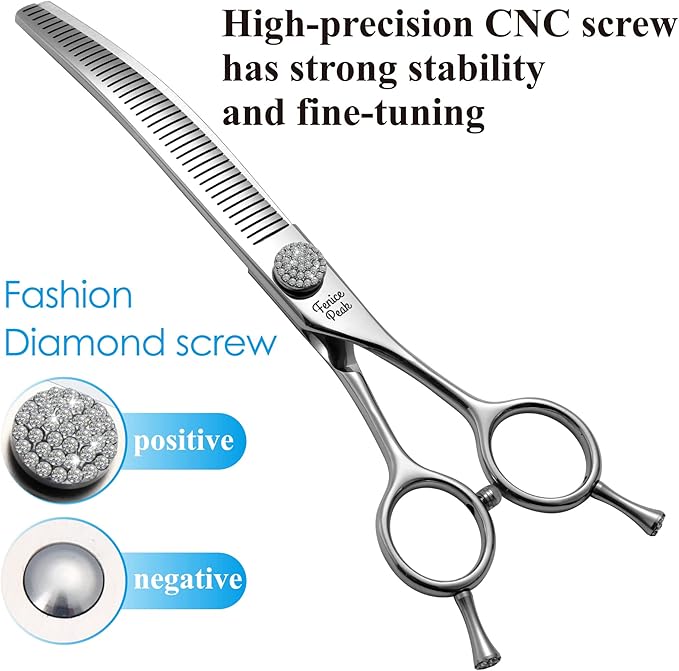 Fenice Peak 7.5‘’ Curved Thinning Dog Grooming Scissors with Jewelled Screw 440C Stainless Steel Pet Grooming Bulking Shears with Symmetrical Handle and Decorative Tail Nails Fluffy Scissors
