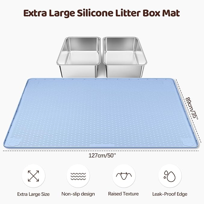 Bartuke Cat Litter Mat, XXL Extra Large 50" x 35" Silicone Mat Litter Trapping Mat for Scatter Control, Soft on Kitty Paws, Easy to Clean (Blue)