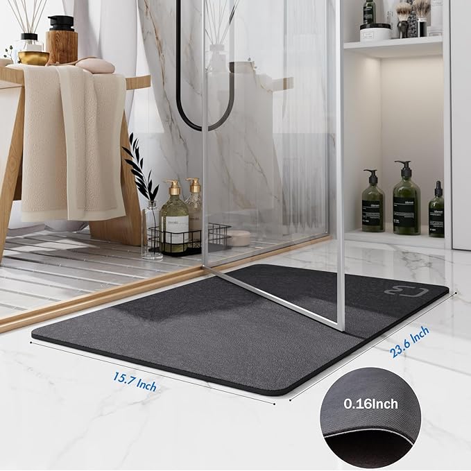 Diatomaceous Earth Bath Mat Rugs Quick Dry Super Absorbent Non Slip Rubber BottomThin Bathroom Mat Fit Under Door, Floor Rugs in Front of Bathtub,Shower Room,Sink,Washable, 15.7" x 23.6", Dark Grey