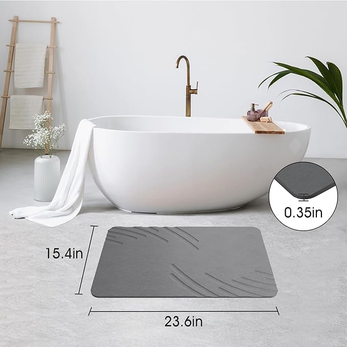 Stone Bath Mat Diatomaceous Earth Shower Mat Non-Slip Super Absorbent Diatomite Stone Mats for Bathroom Floor/Ktichen Cuonter Quick-Drying Easy to Clean (24''*16'' Grey-Feather)