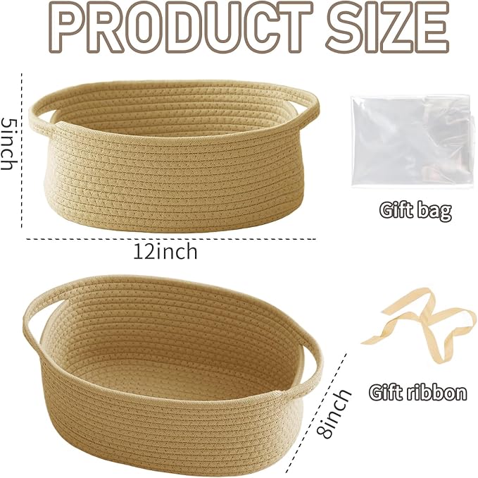 JMvicyroam Woven Basket,Small Rope Storage Bin with Handles & Ribbon Bag, Organizer for Shelves Closets,Gift Basket Empty for Birthday,Books,Dog Toys, Jute