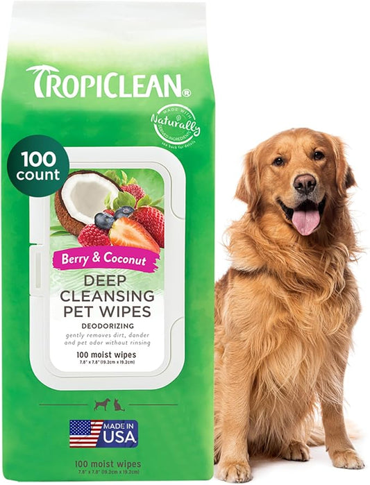 TropiClean Deep Cleaning Pet Wipes, 100ct - Wipes for Dogs & Cats - Gently Removes Dirt, Dander & Smells - for Pet Paws, Face, Body & Bottom - Sweet Berry & Coconut Scent