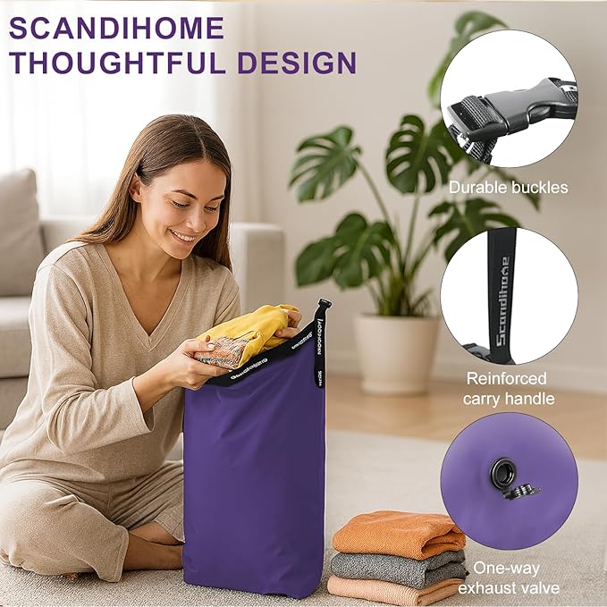 Travel Laundry Bag, Vacuum Compression Dirty Clothes Travel Bag Waterproof Wet Dry Bags Large Capacity Space Saver Bags Reusable Camp Clothes Organizer for Sports Dorm Laundromat (1 Pcs) (Purple, M）