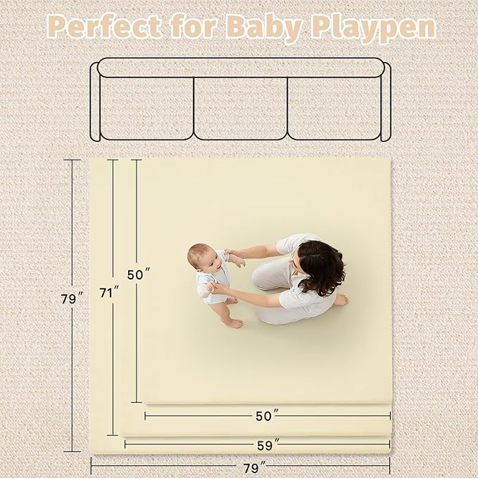 Waterproof Baby Play Mat for Floor 1.3"Thick Memory Foam 59*71 Cushion Playpen Playmat Tummy Time Crawling Mat Nursery Rug Pad Mattress Create Soft & Safe Area for Infants,Toddler,Kids,Beige