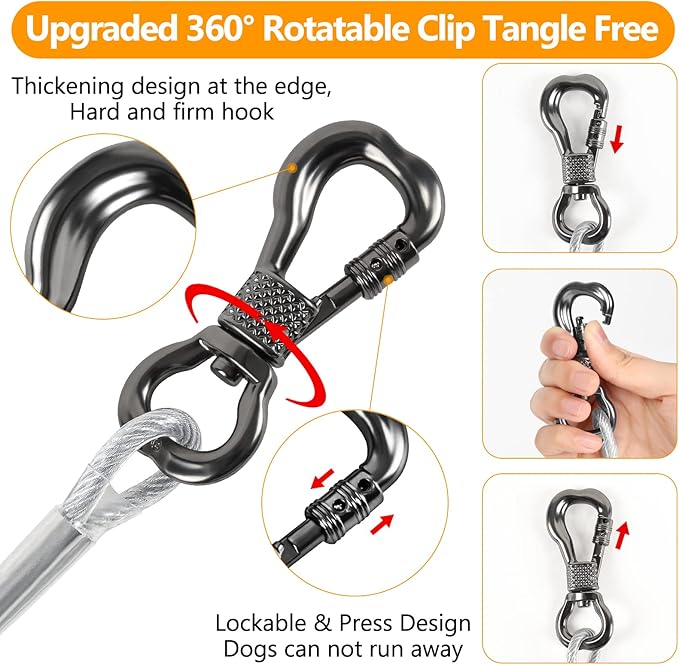 Tresbro 30FT Reflective Tie Out Cable for Dogs Up to 250 Pounds, Steel Wire Lead Leash Cable with Stainless Dual Fix Buckle, Lightweight and Enduring, Outdoor Dog Chains for Outside,Yard,Camping