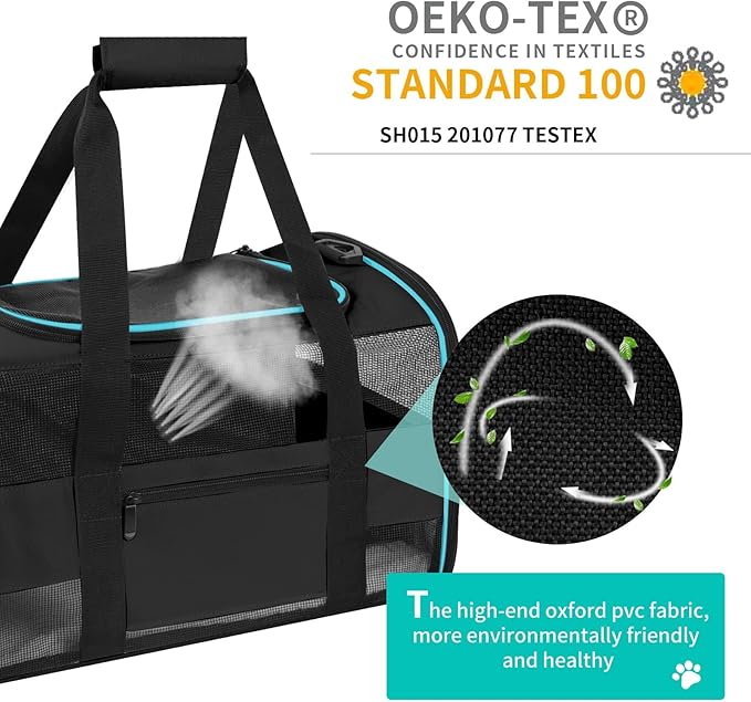 17" Soft-Sided Pet Travel Carrier for Cats and Small Dogs, Airline - Approved, Travel Tote with Mesh Windows, Foldable Bowl, Shoulder Strap, Black
