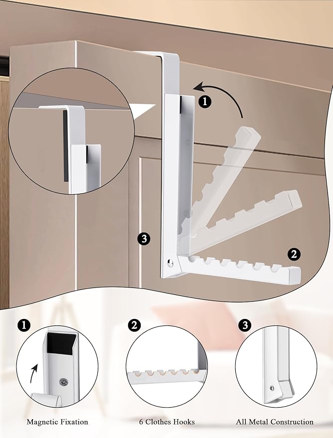 2-Packs Over the Door Hanger Hooks with Extra Anti-slip Pads, Metal Folding Clothes Drying Racks for Laundry, Dorm, Portable Space Saving Coat Towels Organizer Rack for Travel, Hanging Storage