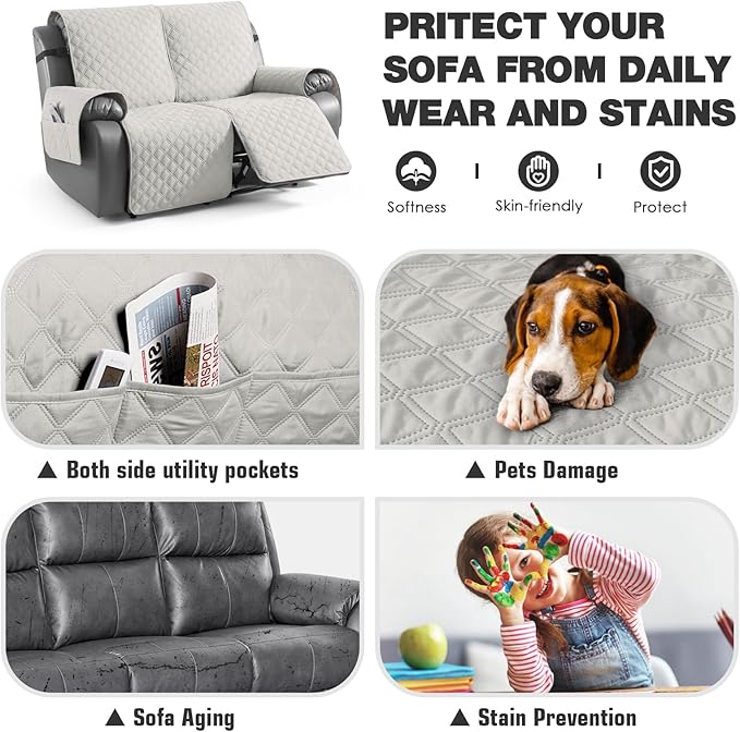 TAOCOCO 100% Waterproof Recliner Couch Covers, Recliner Sofa Covers with Leg Straps, 1-Piece Washable Reclining Sofa Cover with Pocket Couch Protector for Pets Kids(2 Seater, Off White)