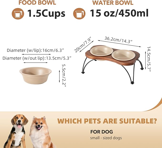 Ceramic 6.3-inch Raised Double-Bowl Set with Non-Slip Stand, 1.5 Cup Food or 15 oz Water Dishes for Small Dogs, Wide Opening with Rounded Edges(Oat Beige)