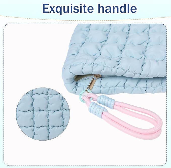 Puffy Quilted Makeup Bag Cosmetic Bag Equipped with a Detachable Handle Cute Zipper Pouch for Storage Clutch for Women(Blue)