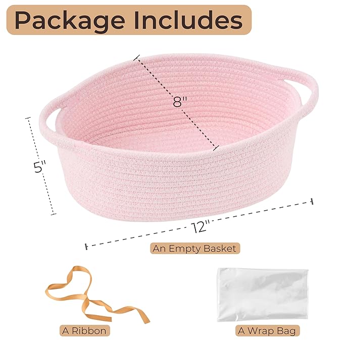 Small Woven Easter Basket with Gift Bag and Ribbon – Empty Burr Basket for Gifts, Baby Shower, & Birthdays – Decorative Rope Storage Organizer for Shelves, 12"x8"x5", Pink