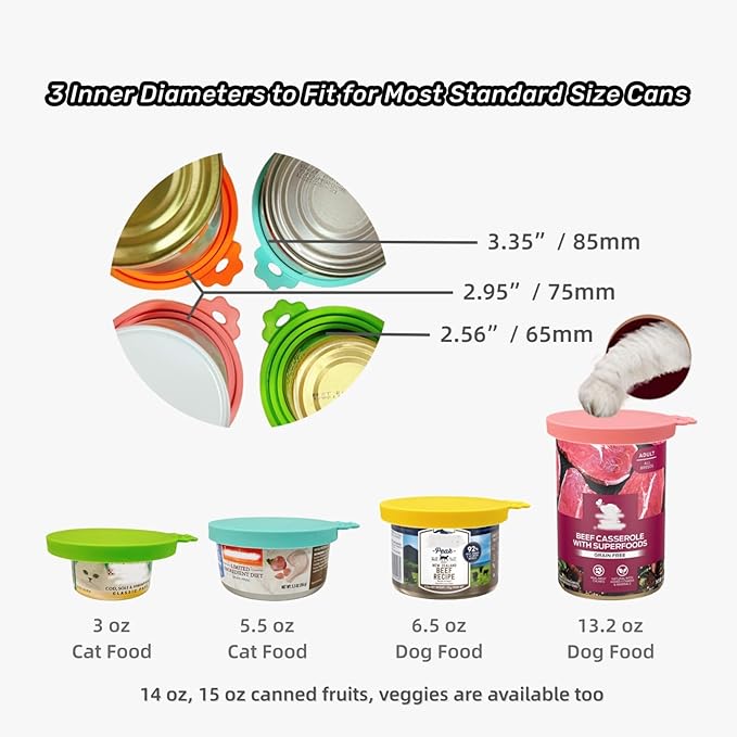 MoPawKT- Silicone Cat Dog Food Can Covers Lids, 3 Inner Diameters 2.6”/3”/3.4” Fit 3-15 oz Standard Cat Dog Food Cans/Tins, Multi-Size Canned Covers, BPA Free, Reusable(box set of 2 lids+1 spoon)