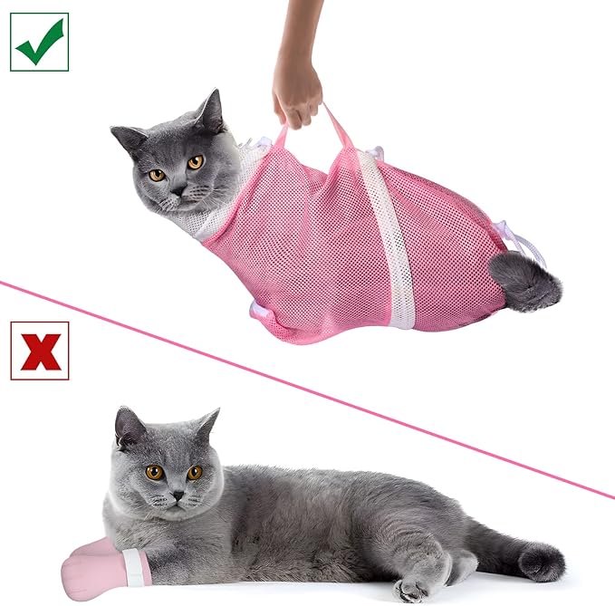JULMELON Cat Washing Bag 10 PCS Set, Adjustable Cat Shower Net Bag and Pet Grooming Brush with Nail Clipper Nail File Hair Combs Tick Tool Nail Caps for Bathing Nail Trimming Examination(Pink+Grey)