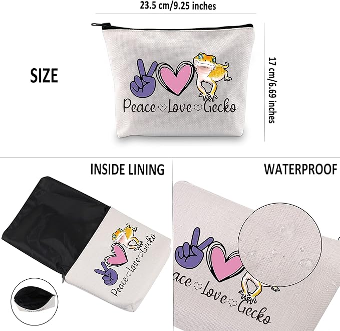 G2TUP Leopard Gecko Lover Gift Peace Love Gecko Makeup Bag Pet Lizard Lover Cosmetic Bag Reptile Gecko Owner Gift Travel Bag with Zipper (Peace Love Gecko White Bag)