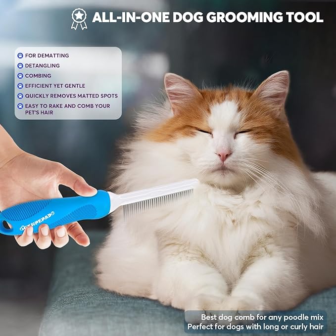 GENPEPADO Grooming Comb for Dogs and Cats with Long & Short Stainless Steel Metal Fine Teeth for Detangling Matted Hair - Pet Detangler Comb for Removing Tangles, Knots, Loose Fur from The Undercoat
