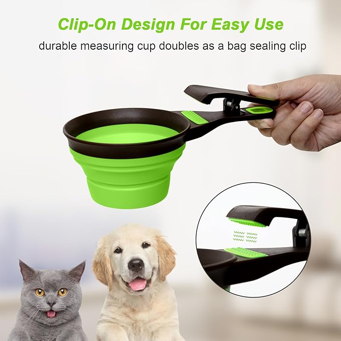 PNEUICALLY Collapsible Silicone Dog Food Scoop Foldable Pet Food Measuring Cup with Bag Clip 3 in 1 Multi-Function Silicone Dog Food Scooper (Green, Large)