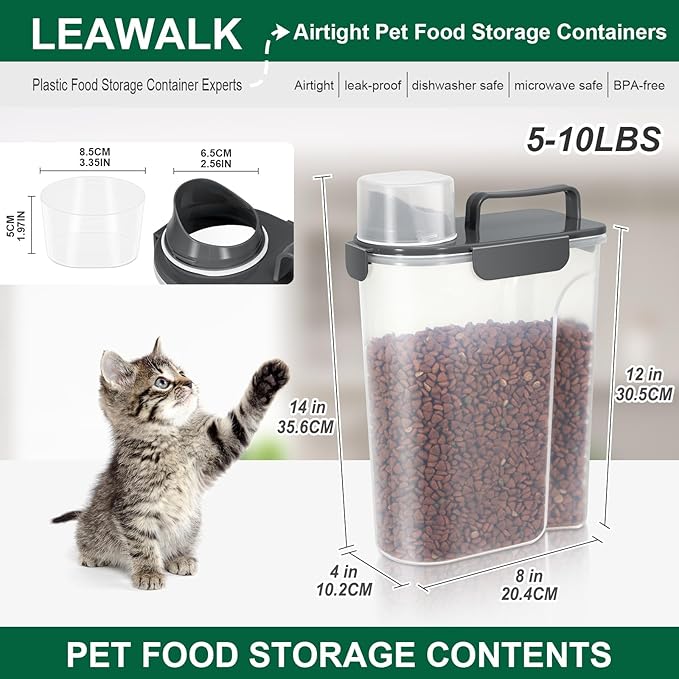 LEAWALK 5-7Lbs Cat Dog Storage Container, Portable Pet Food Containers with Upgraded Large Spout and Cup, Small Animal Kibble Dispenser for Bird Seed, Oatmeal, Rice, Flour (2, Dark Gray, 5L)