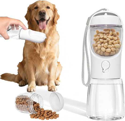 Portable Dog Water Bottle with Food Container, BPA Free Travel Water Bottle for Dogs, 2-in-1 Dispenser Drinking Feeder for Pets Walking, Hiking, Travel, Puppy Essentials, White, 12oz