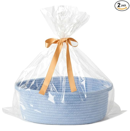 Small Woven Gift Basket Empty with Bag & Ribbon - Gifts for Mom, Baby Shower, Birthdays & Raffle - Cotton Rope Storage Basket for Dog Toys or Shelf - 12"x8"x5", Blue, 2 Packs
