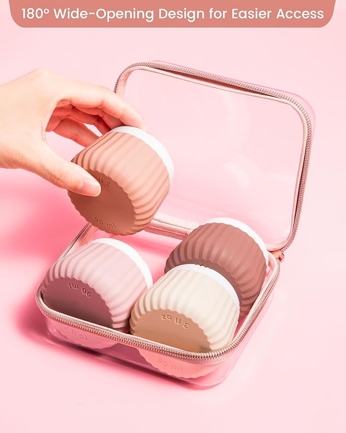Travel Containers for Toiletries 4 Pack, Clear Hard Zipper Case, TSA Approved Travel Size Toiletries, With Clear Bag Leak Proof Silicone Jars, Creams Jars Carrying Small Items