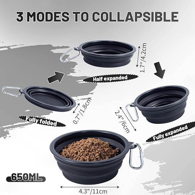 Dog Bowl Pet Collapsible Bowls, 2 Pack Collapsible Dog Water Bowls for Cats Dogs, Portable Pet Feeding Watering Dish for Walking Parking Traveling with 2 Carabiners (Black+Black, Medium)