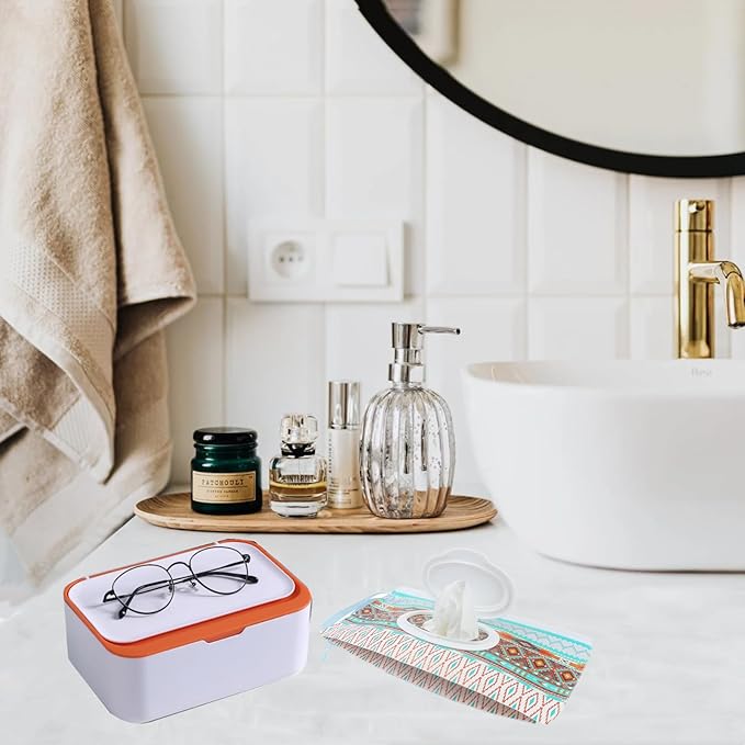 Wipes Dispenser with 2Pcs Portable Refillable Wipe Holder,Reusable Large Wipe Holder Box Flushable Wipes Case Bathroom Wipes Container for Pet Nursery Kitchen Office Counter (White-Orange)
